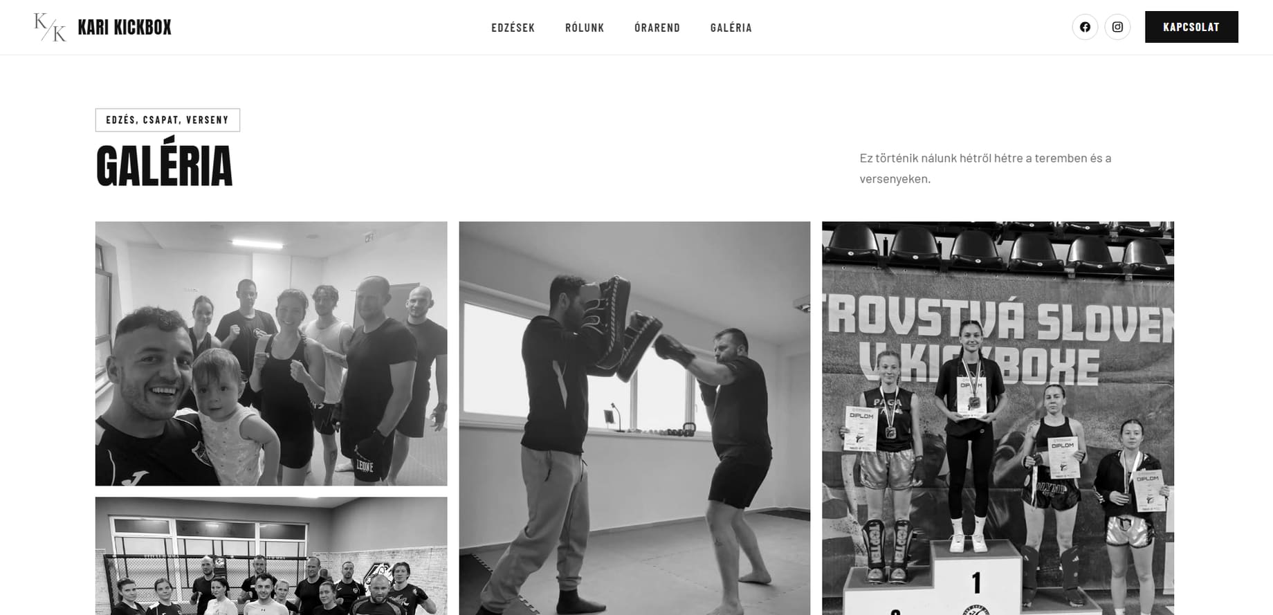 A Kari Kickbox edzőterem weboldalának képernyőképe — Galéria