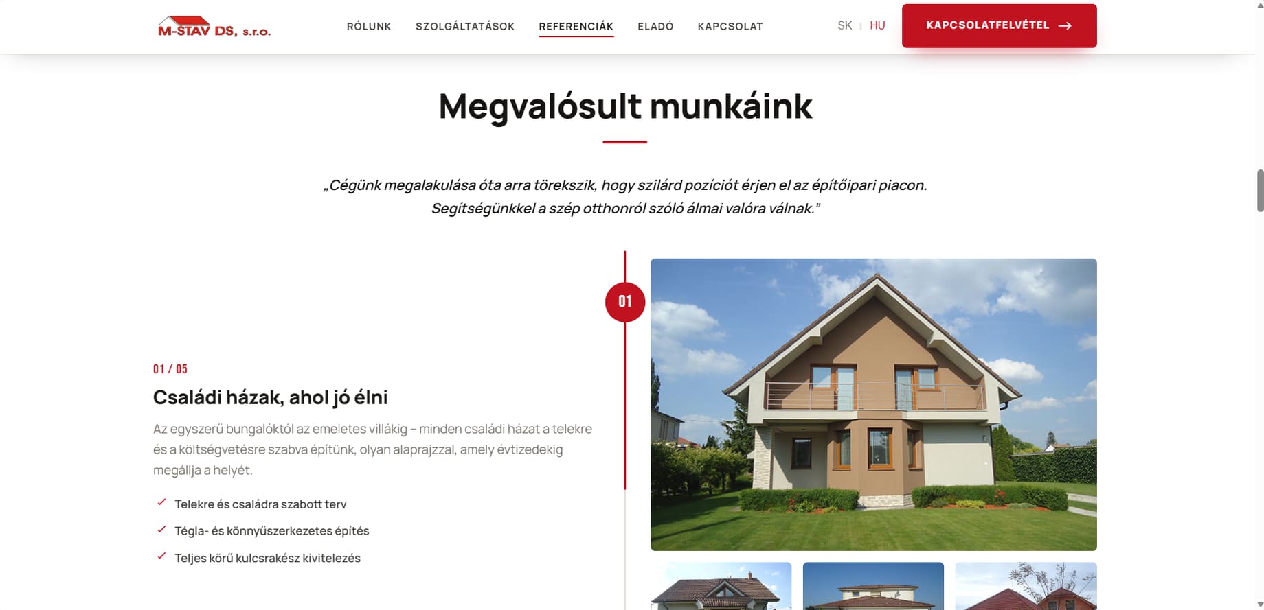 Az M-STAV DS építőipari kivitelező weboldalának képernyőképe — Megvalósult munkák